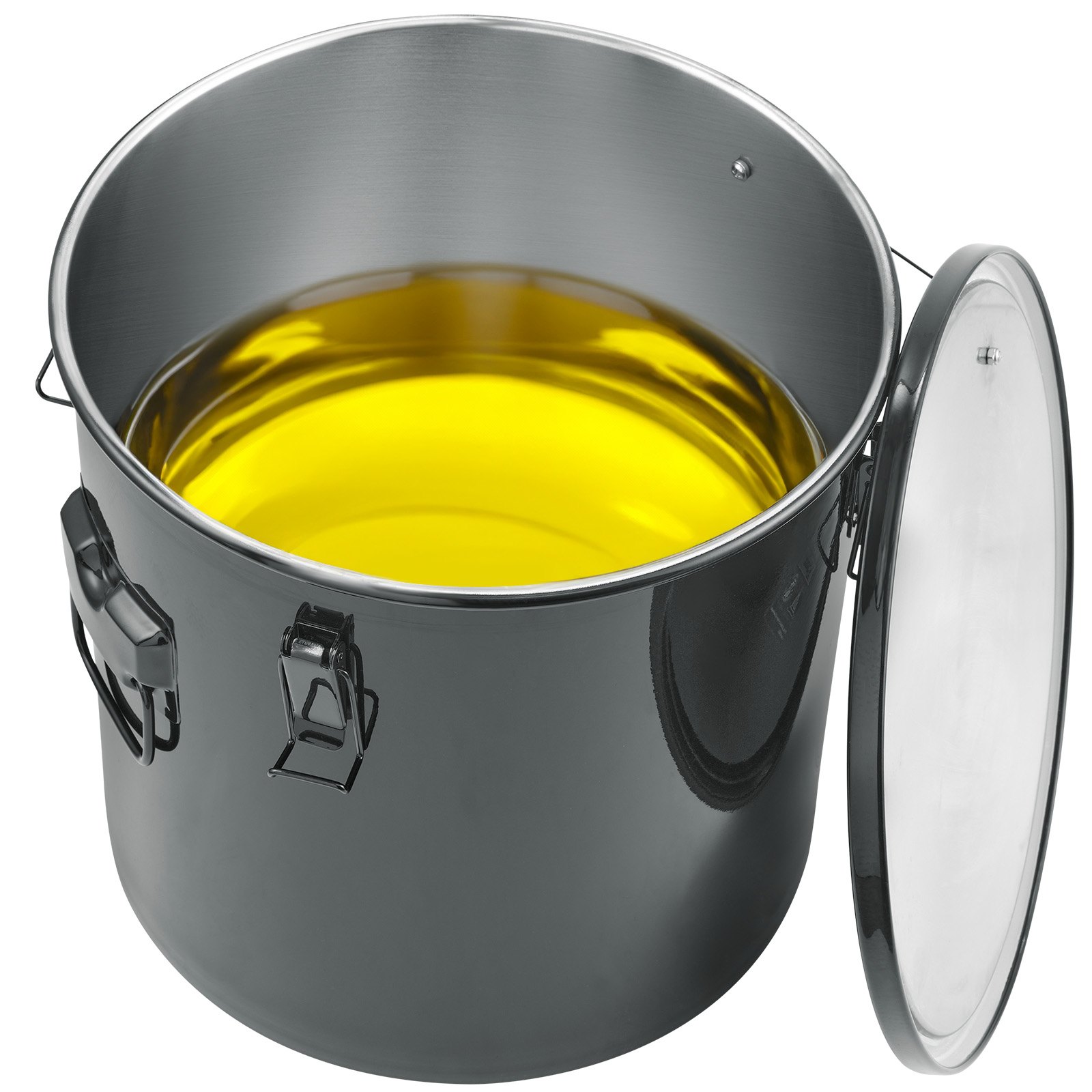 VEVOR fryer grease bucket with open lid showcasing golden grease inside the stainless steel container.