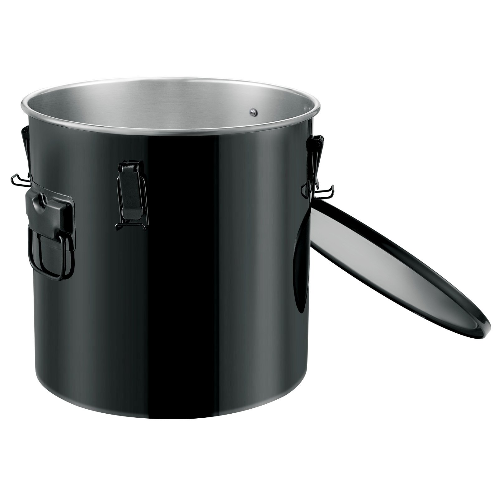 VEVOR fryer grease bucket in black with handles and a partially open lid, showcasing its large capacity.