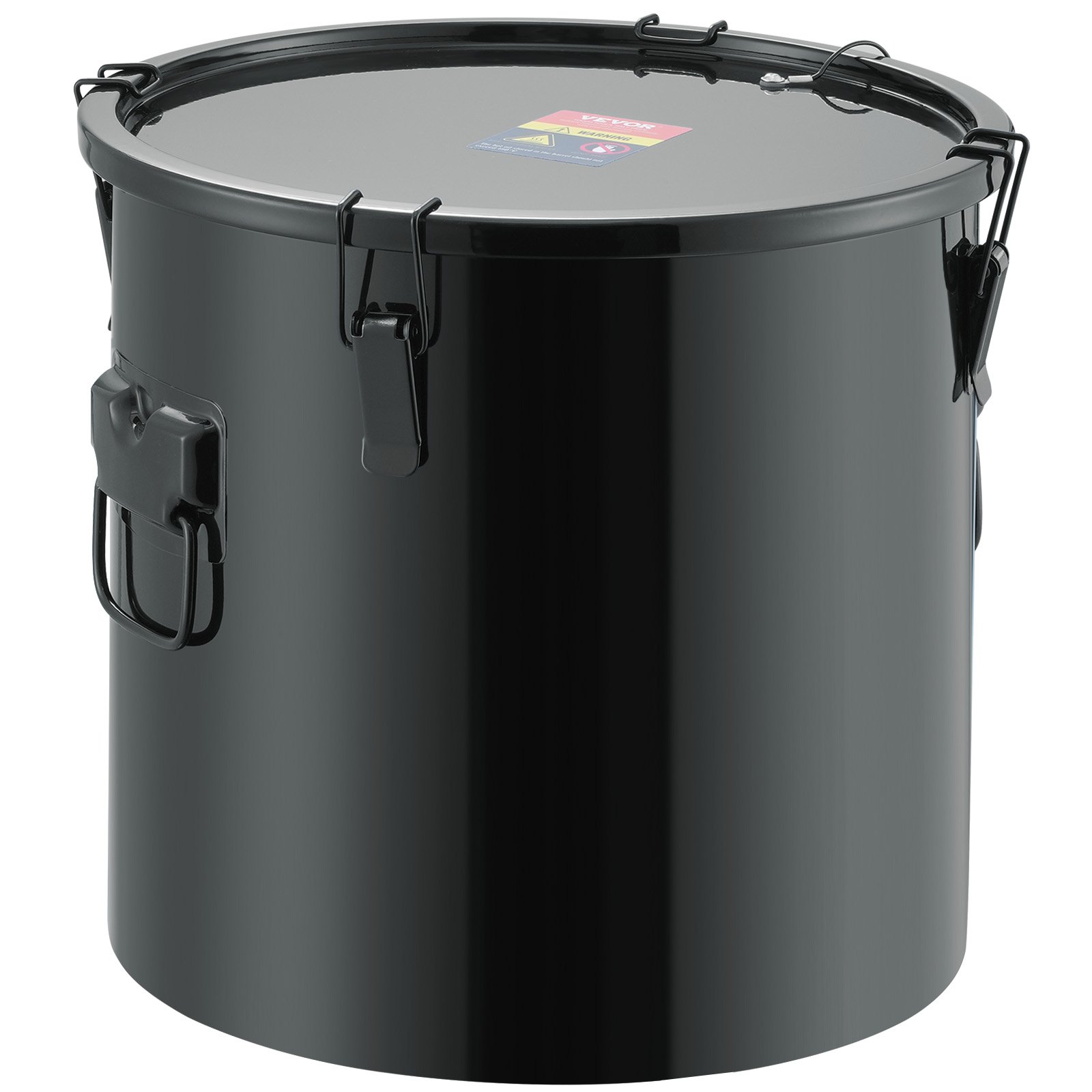 black VEVOR fryer grease bucket with secure lid clamps and side handles.