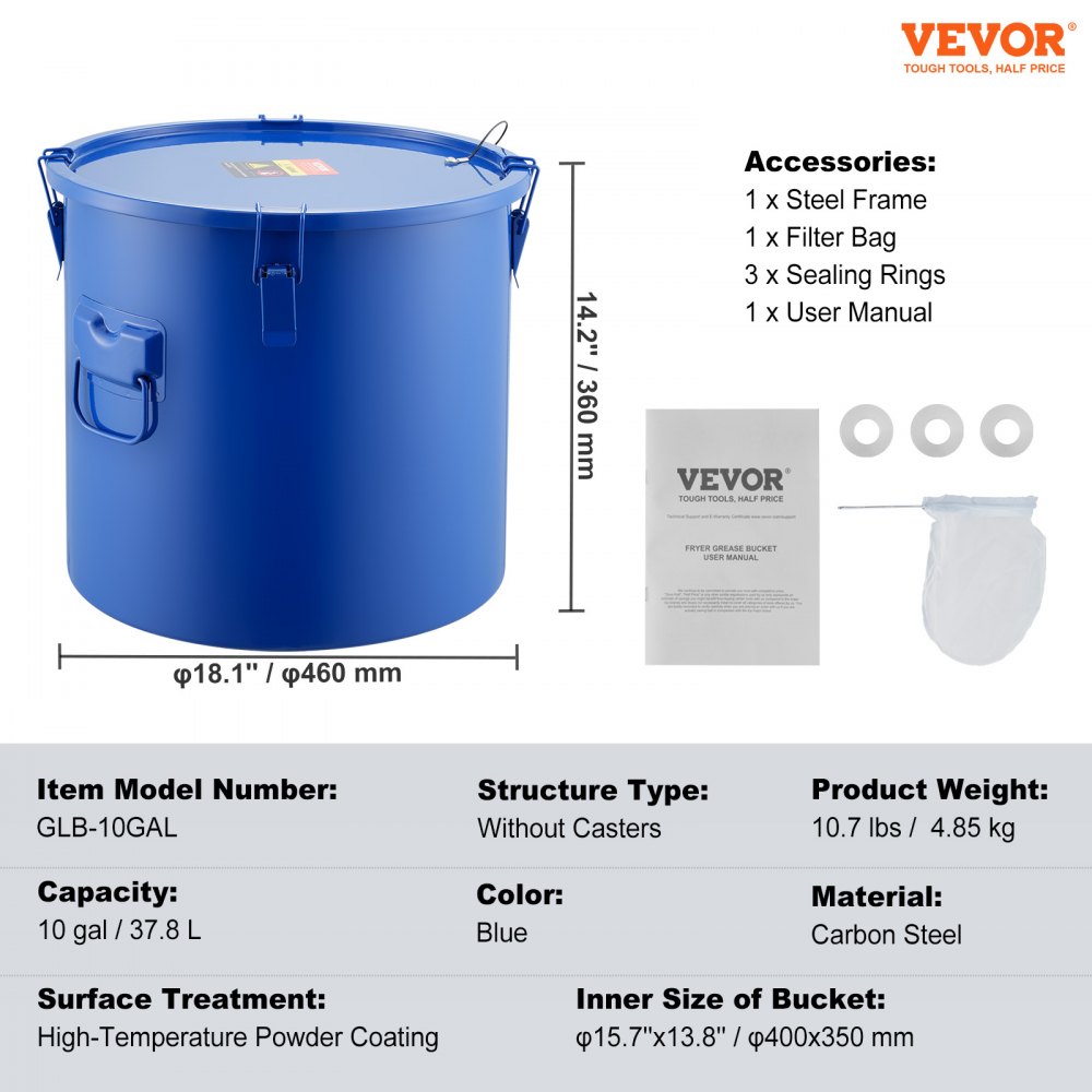 VEVOR Fryer Grease Bucket, 37.8L Oil Disposal Caddy Carbon Steel Fryer Oil Bucket with Rust-Proof Coating, Oil Transport Container with Lid, Lock Clips, Filter Bag for Hot Cooking Oil Filtering, Blue