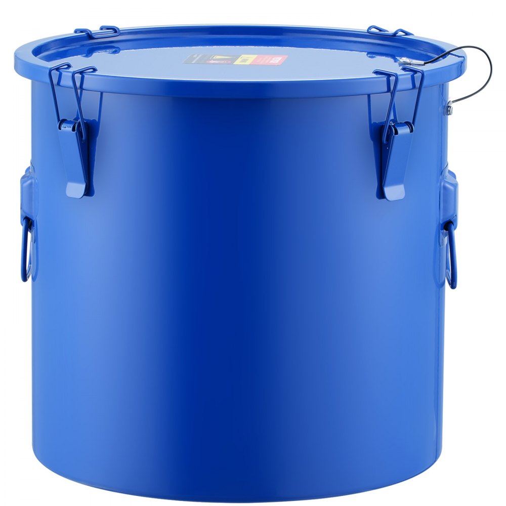 blue VEVOR fryer grease bucket with secure latches and side handles for easy transport and storage.