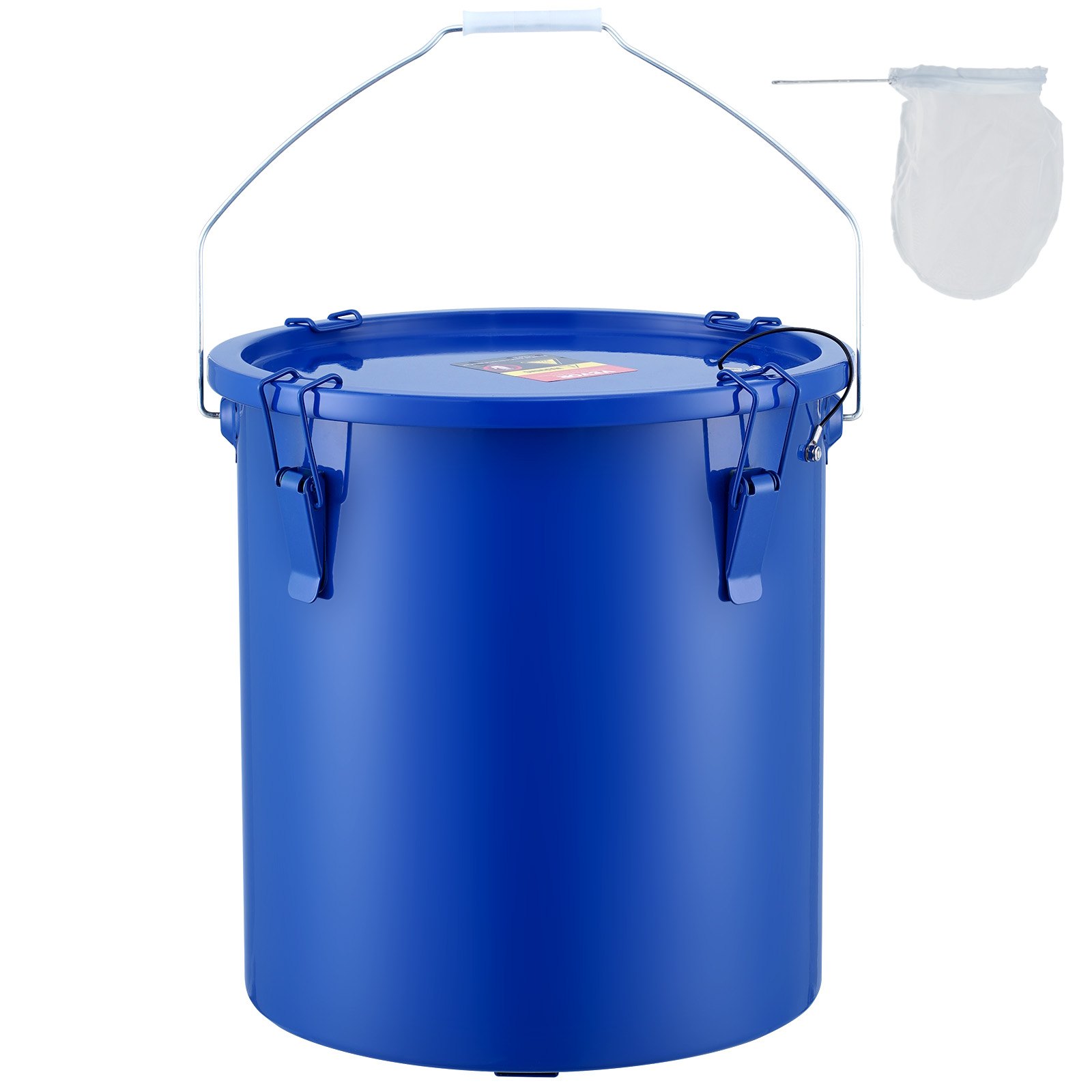 VEVOR Fryer Grease Bucket, 22.7L Oil Disposal Caddy Carbon Steel Fryer Oil Bucket with Rust-Proof Coating, Oil Transport Container with Lid, Lock Clips, Filter Bag for Hot Cooking Oil Filtering, Blue