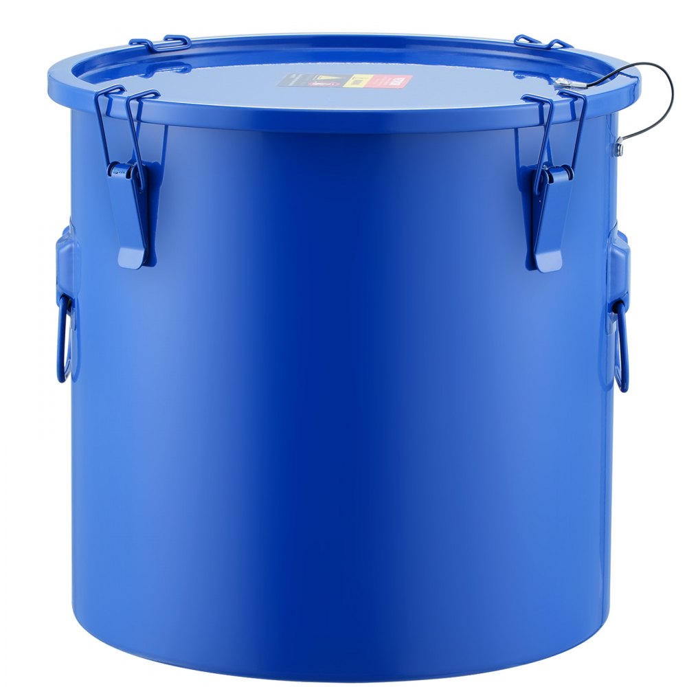 blue VEVOR fryer grease bucket with lid and secure clamps.