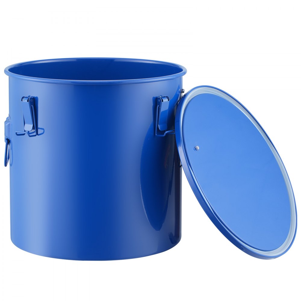 blue VEVOR fryer grease bucket with handles and open lid, designed for efficient grease disposal.