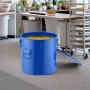 blue VEVOR fryer grease bucket in commercial kitchen, near prep table and storage racks.