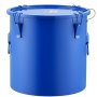 blue VEVOR fryer grease bucket with lid and secure clamps.