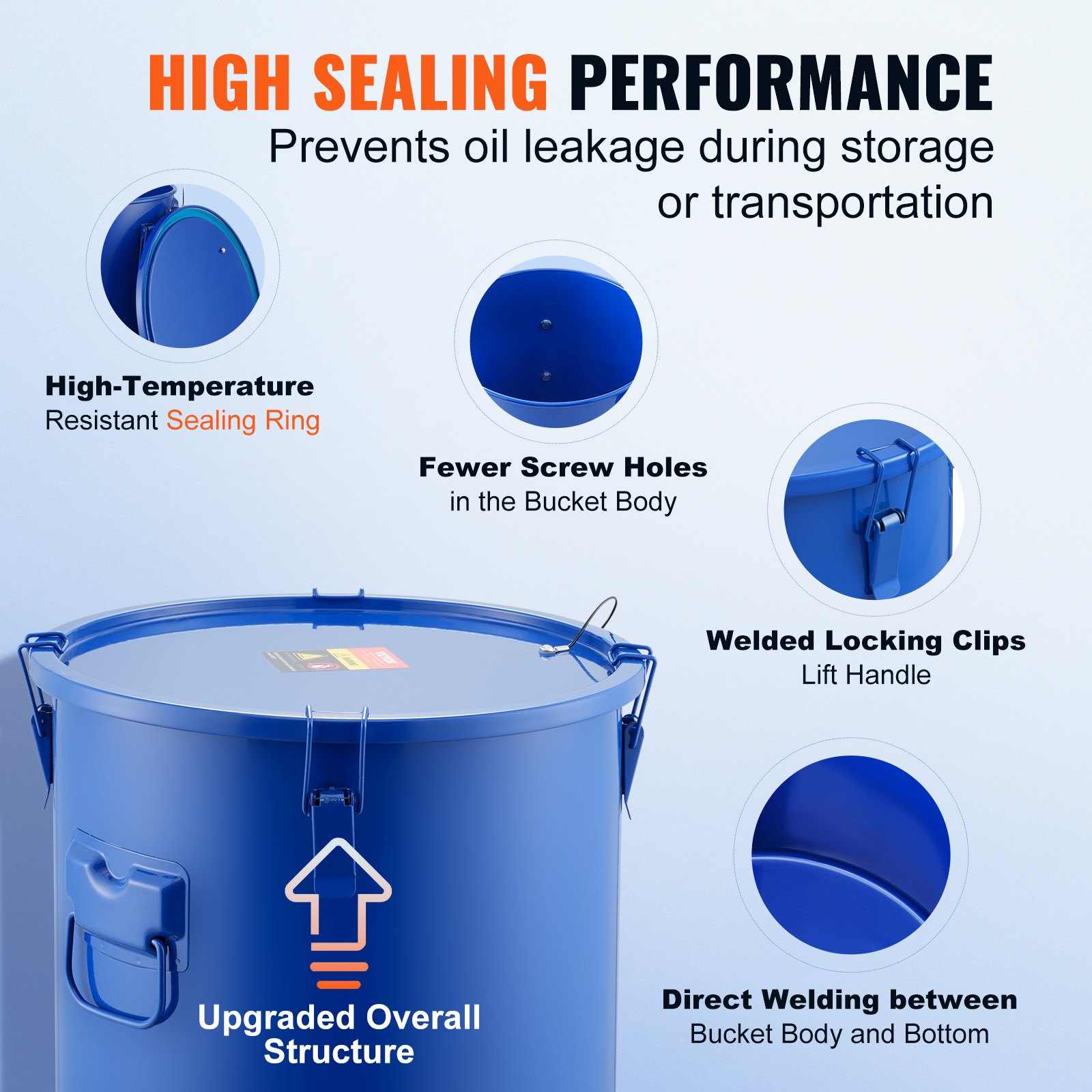 VEVOR fryer grease bucket with high sealing performance, locking clips, and fewer screw holes.
