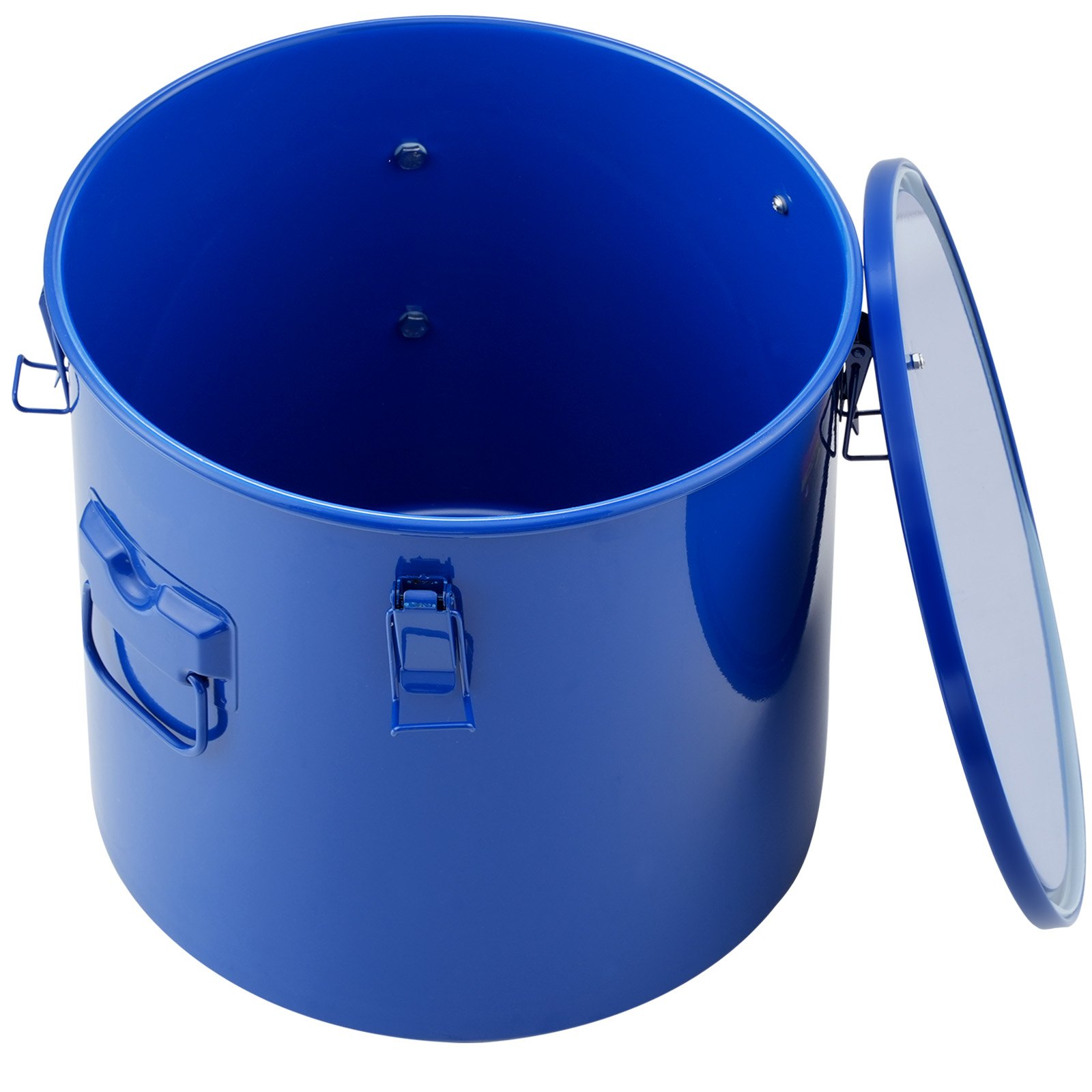 blue VEVOR fryer grease bucket with handles and a slightly opened lid for grease storage.