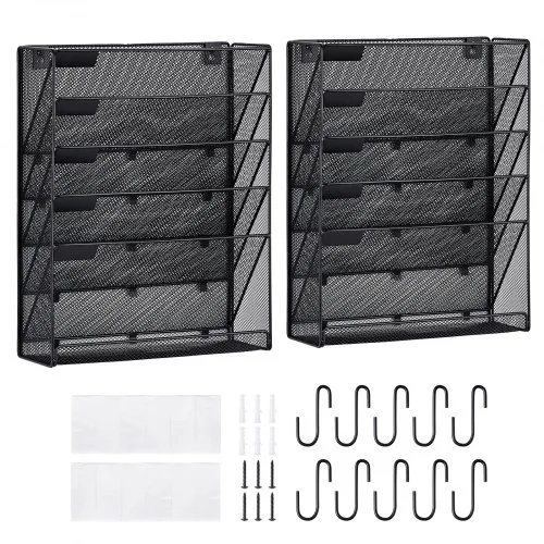 VEVOR File Wall Rack, Two-Piece 6 Pockets Mesh Wall File Holder, Wall Mounted Magazine Mail Paper & Document Storage Folder, Metal Wall File Organizer with Nametag Label, for Office Home & School