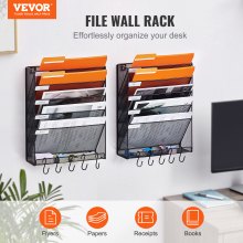 VEVOR Hanging Wall Files Organizer, 2-Piece 6 Pocket Vertical Wall File Holder, Metal Wall Mounted Magazine Mail Paper Document Storage Folder, with Nametag Label, Bottom Flat Tray, for Office Home & School