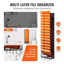VEVOR Hanging Wall Files Organizer, 16-Tier Vertical Wall File Holder, Metal Wall Mounted Magazine Mail Paper Document Storage Folder, with Nametag Label, Bottom Flat Tray, for Office Home & School