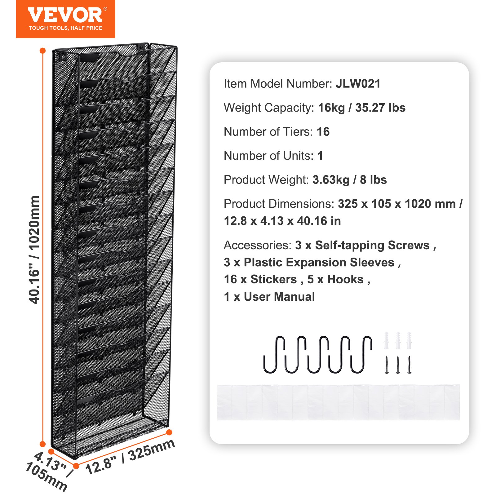 VEVOR File Wall Rack, One-Piece 16 Pockets Mesh Wall File Holder, Wall Mounted Magazine Mail Paper & Document Storage Folder, Metal Wall File Organizer with Nametag Label, for Office Home & School