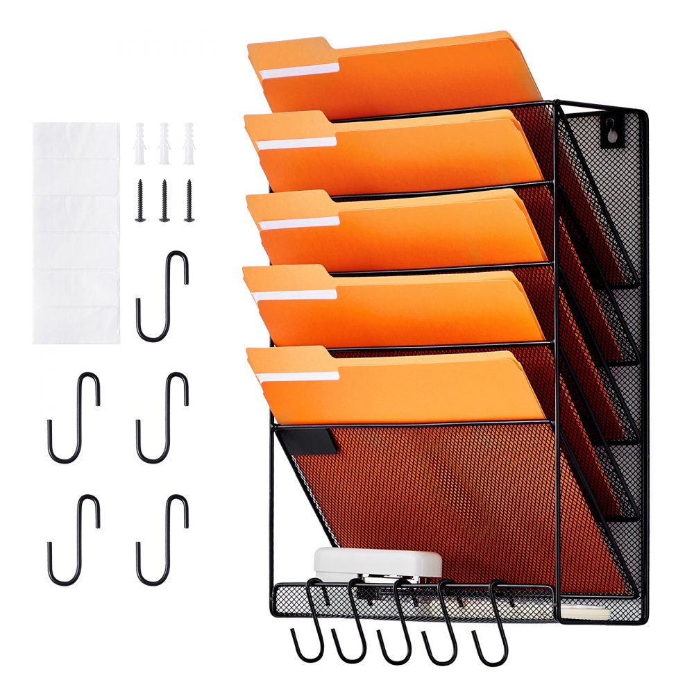 VEVOR File Wall Rack, One-Piece 6 Pockets Mesh Wall File Holder, Wall Mounted Magazine Mail Paper & Document Storage Folder, Metal Wall File Organizer with Nametag Label, for Office Home & School