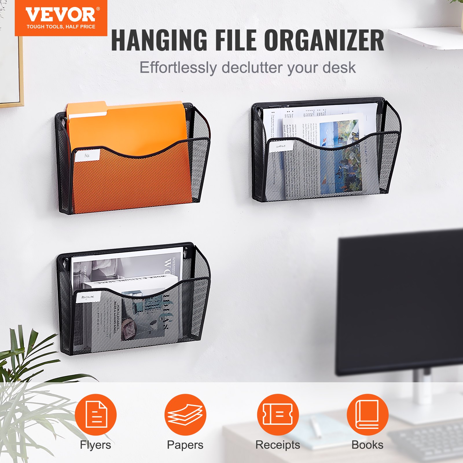 VEVOR File Wall Rack, Three-Piece 1 Pocket Mesh Wall File Holder, Wall Mounted Magazine Mail Paper & Document Storage Folder, Metal Wall File Organizer with Nametag Label, for Office Home & School