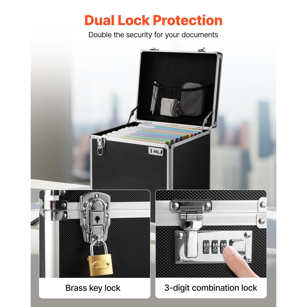 VEVOR Portable File Storage Box, 395 x 320 x 380 mm Internal Chest Size, Locking Mobile Business Case with Telescopic Handle, Hand pull File Case for Office Home, Offices, Hospitals, Banks