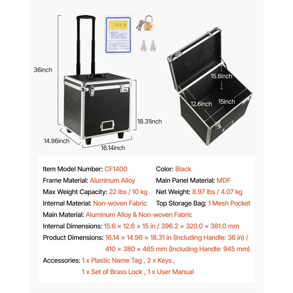 VEVOR Portable File Storage Box, 395 x 320 x 380 mm Internal Chest Size, Locking Mobile Business Case with Telescopic Handle, Hand pull File Case for Office Home, Offices, Hospitals, Banks