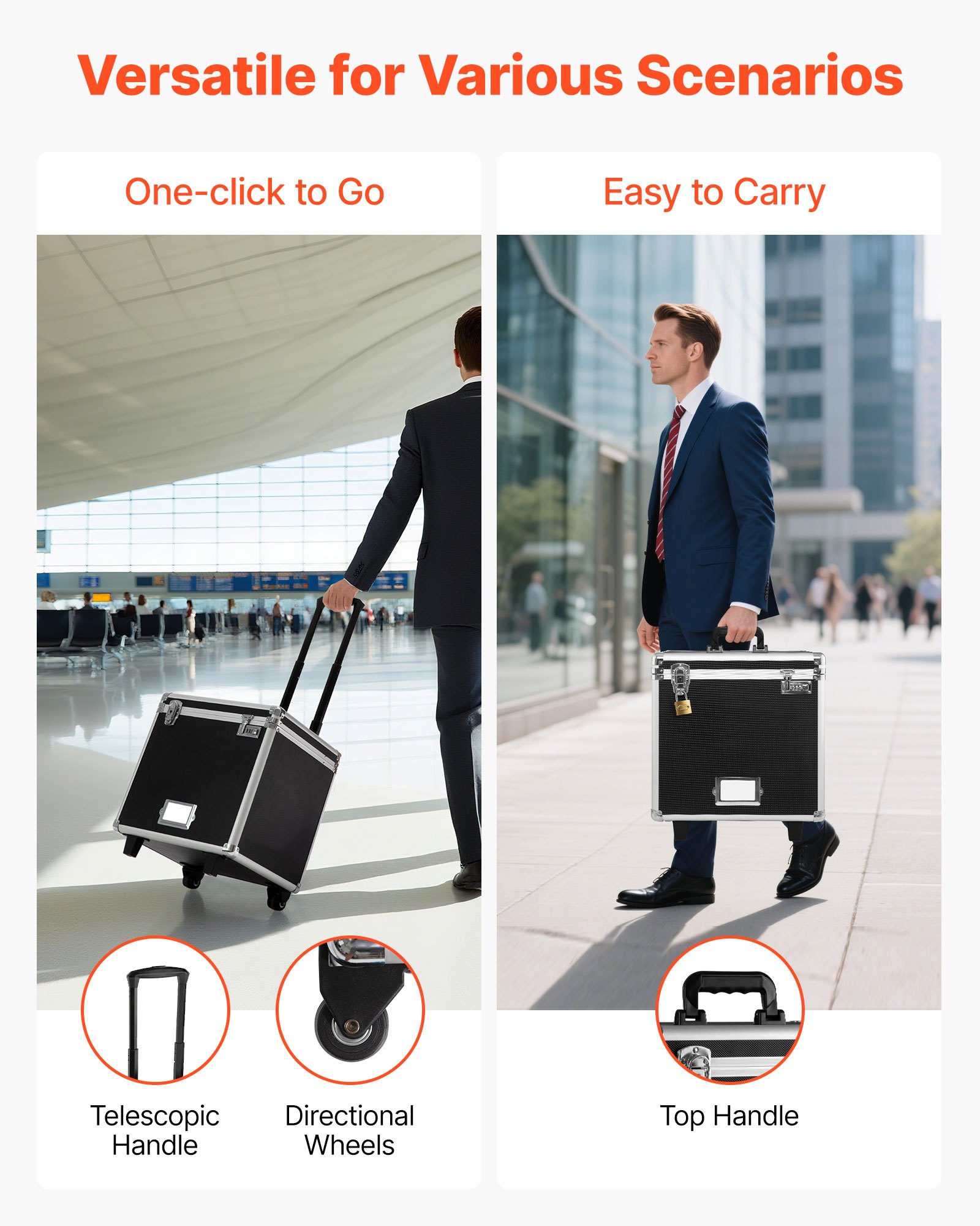 VEVOR Portable File Storage Box, 395 x 320 x 380 mm Internal Chest Size, Locking Mobile Business Case with Telescopic Handle, Hand pull File Case for Office Home, Offices, Hospitals, Banks