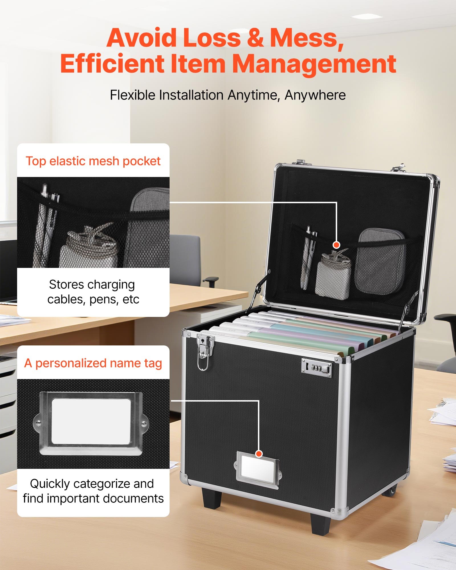 VEVOR Portable File Storage Box, 395 x 320 x 380 mm Internal Chest Size, Locking Mobile Business Case with Telescopic Handle, Hand pull File Case for Office Home, Offices, Hospitals, Banks