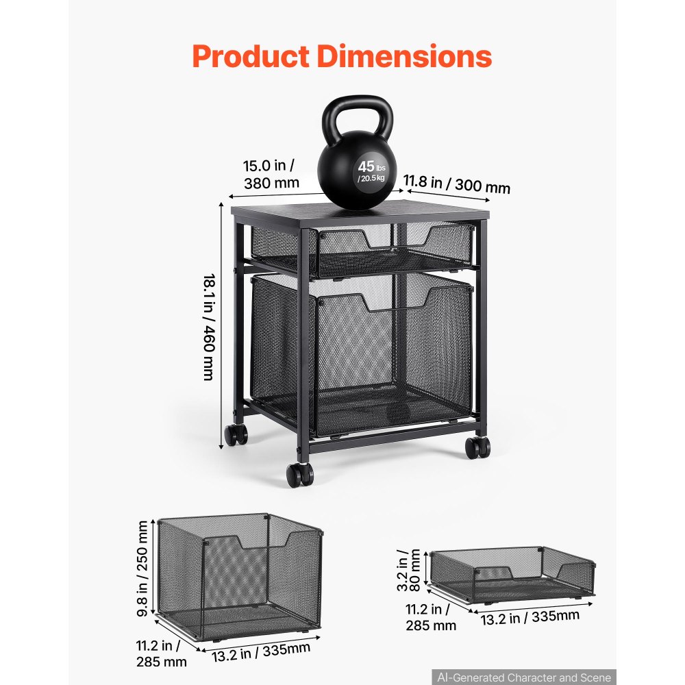 VEVOR Rolling File Cart 2-Tier Mobile Filing Cabinet with Wheels Drawers, for Home Office, Large Storage Capacity, Hanging File Folder Organizer, Easy Mobility, with 45 lbs / 20.5 kg Load, Black