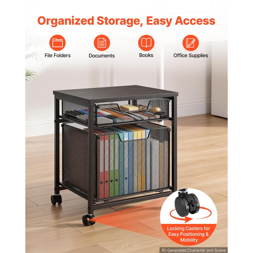 VEVOR Rolling File Cart 2-Tier Mobile Filing Cabinet with Wheels Drawers, for Home Office, Large Storage Capacity, Hanging File Folder Organizer, Easy Mobility, with 45 lbs / 20.5 kg Load, Black