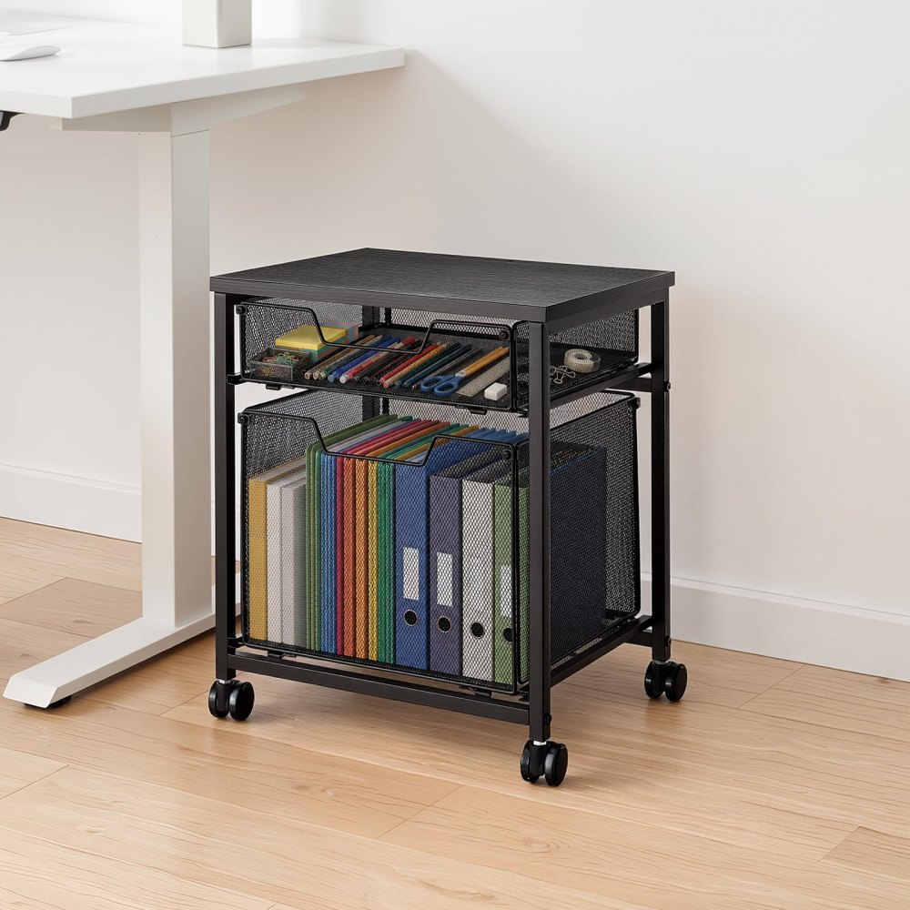 VEVOR Rolling File Cart 2-Tier Mobile Filing Cabinet with Wheels Drawers, for Home Office, Large Storage Capacity, Hanging File Folder Organizer, Easy Mobility, with 45 lbs / 20.5 kg Load, Black