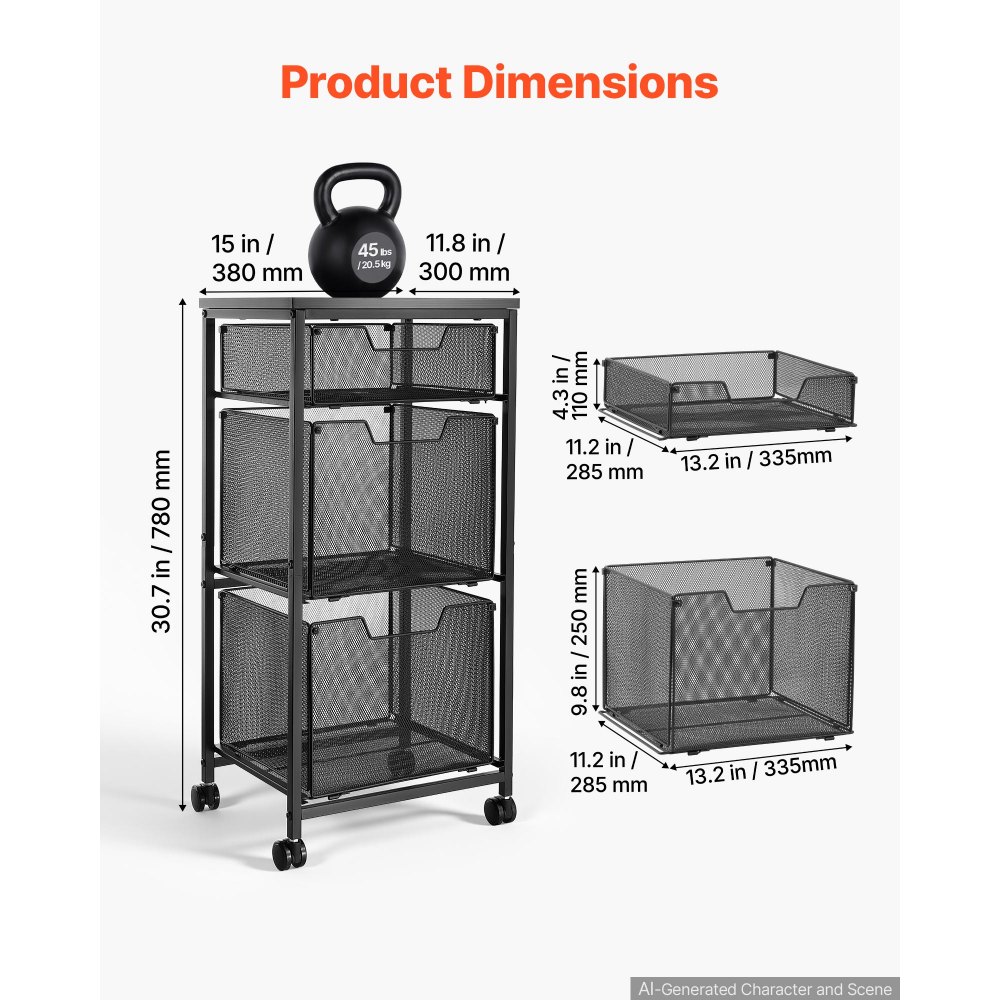 VEVOR Rolling File Cart 3-Tier Mobile Filing Cabinet with Wheels Drawers, for Home Office, Large Storage Capacity, Under Desk Hanging File Folder Organizer, with 45 lbs / 20.5 kg Max Load, Black