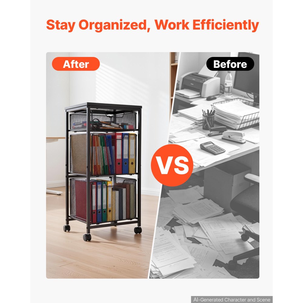VEVOR Rolling File Cart 3-Tier Mobile Filing Cabinet with Wheels Drawers, for Home Office, Large Storage Capacity, Under Desk Hanging File Folder Organizer, with 45 lbs / 20.5 kg Max Load, Black