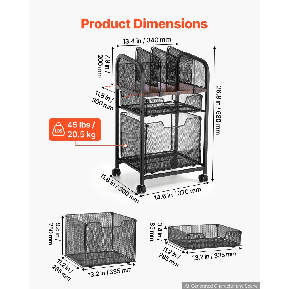 VEVOR Rolling File Cart 5-Tier Mobile Filing Cabinet with Wheels Drawers, for Home Office, Large Storage Capacity, Under Desk Hanging File Folder Organizer, with 45 lbs / 20.5 kg Max Load, Black
