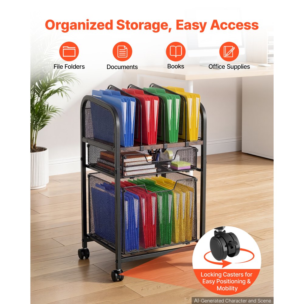 VEVOR Rolling File Cart 5-Tier Mobile Filing Cabinet with Wheels Drawers, for Home Office, Large Storage Capacity, Under Desk Hanging File Folder Organizer, with 45 lbs / 20.5 kg Max Load, Black
