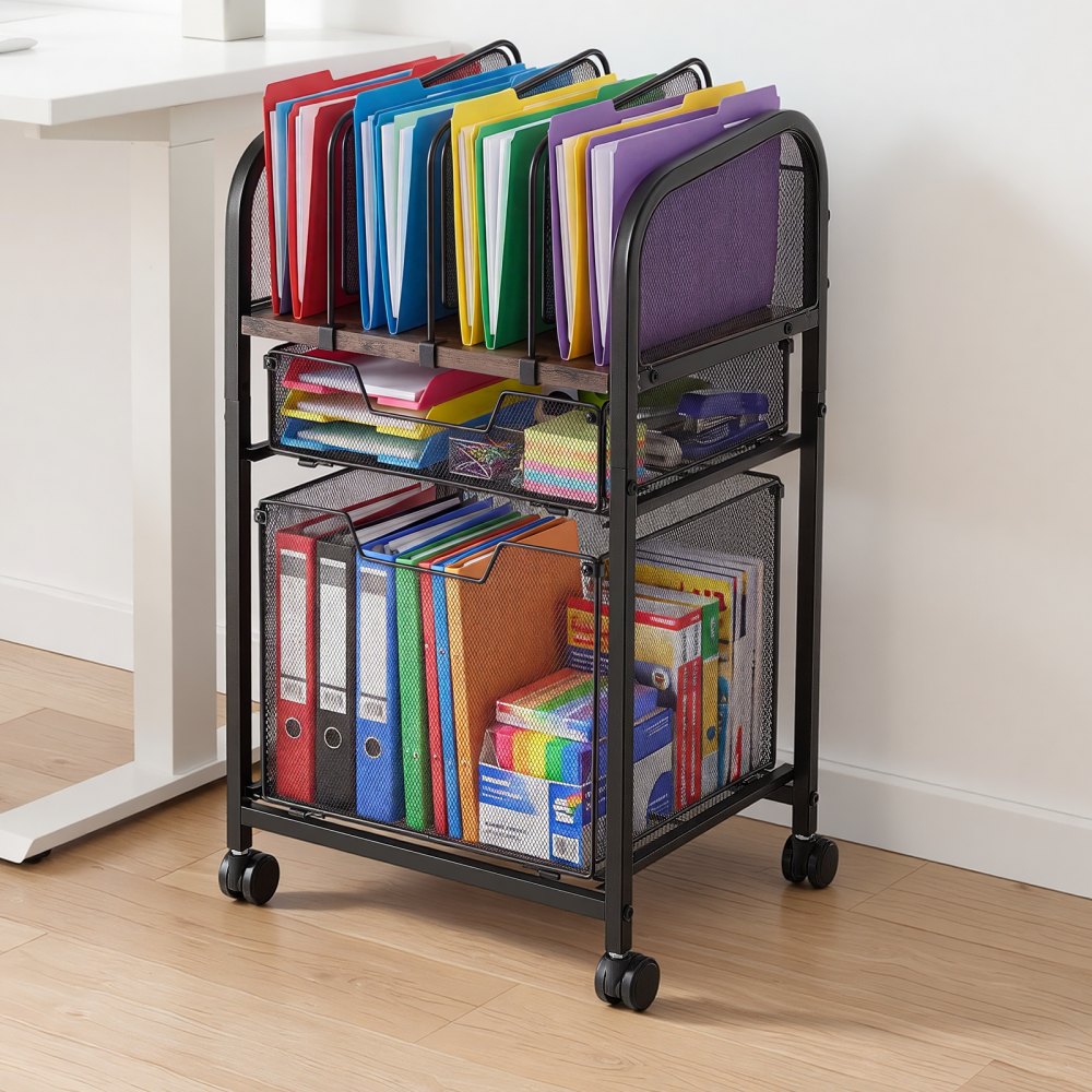 VEVOR Rolling File Cart 5-Tier Mobile Filing Cabinet with Wheels Drawers, for Home Office, Large Storage Capacity, Under Desk Hanging File Folder Organizer, with 45 lbs / 20.5 kg Max Load, Black