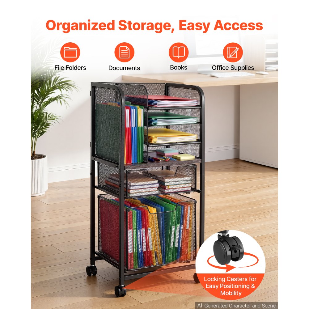 VEVOR Rolling File Cart 6-Tier Mobile Filing Cabinet with Wheels Drawers, for Home Office, Large Storage Capacity, Under Desk Hanging File Folder Organizer, with 45 lbs / 20.5 kg Max Load, Black