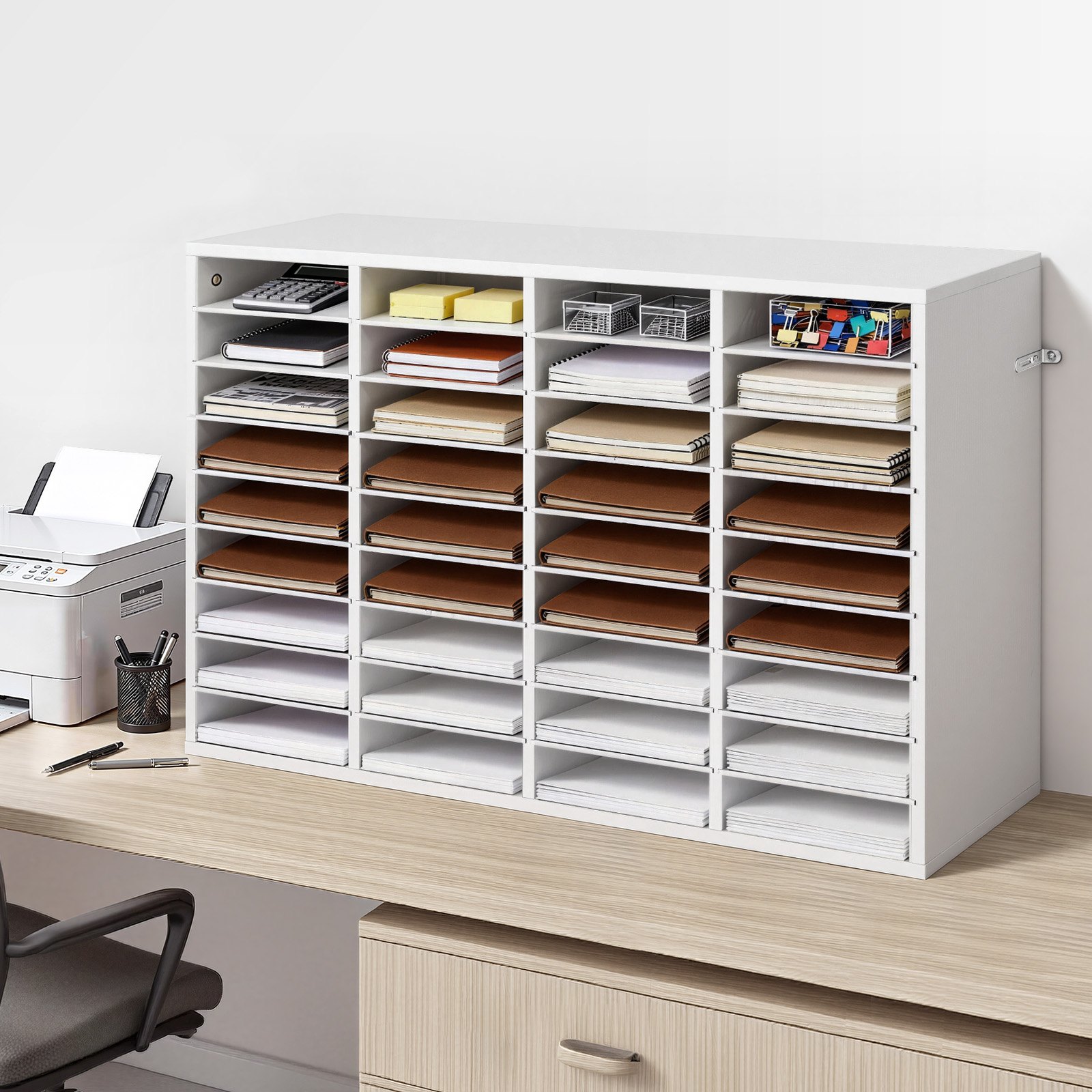 VEVOR Literature Organizer, 36 Compartments Office Mailbox with Detachable Shelves, Wooden Mailbox Sorter with Particle Board, Countertop Office Home Storage Organizer for File, Document, Paper, White