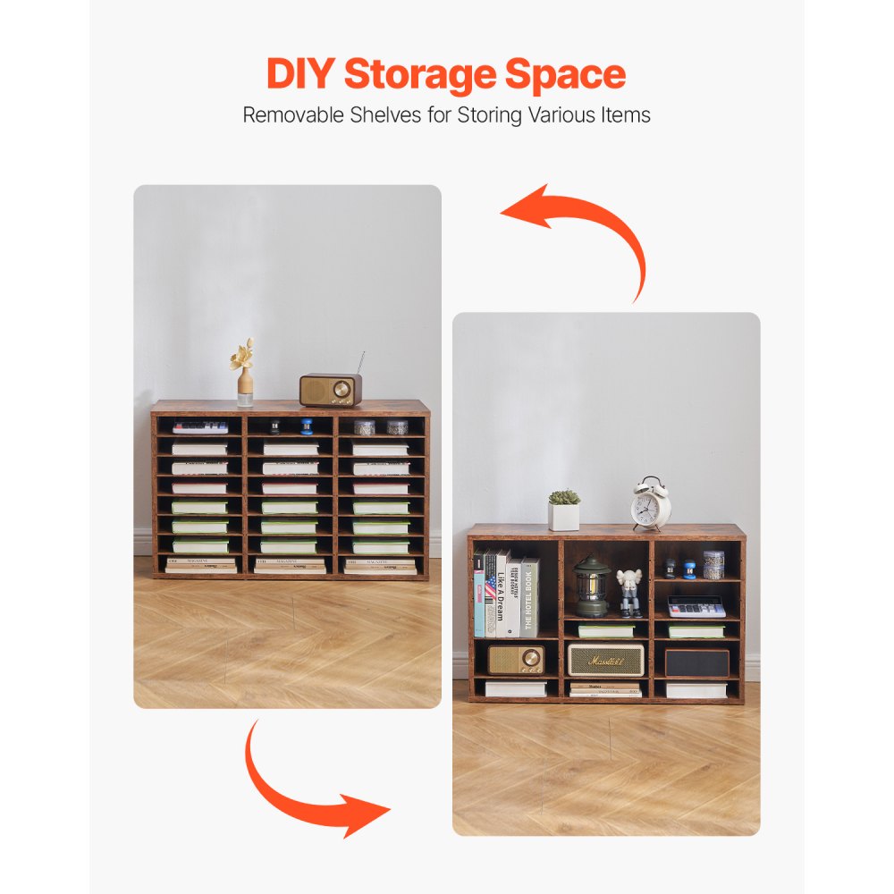 VEVOR Literature Organizer, 24 Compartments Office Mailbox with Removable Shelves, Wooden Mailbox Sorter Particle Board Office Home Classroom Storage, File Sorter for Documents, Papers, Dark Brown