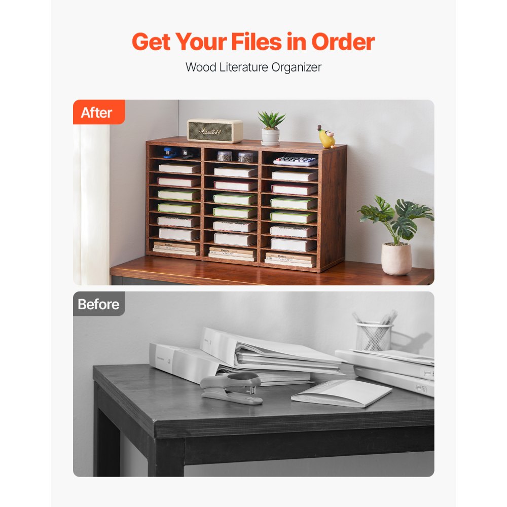 VEVOR Literature Organizer, 24 Compartments Office Mailbox with Removable Shelves, Wooden Mailbox Sorter Particle Board Office Home Classroom Storage, File Sorter for Documents, Papers, Dark Brown
