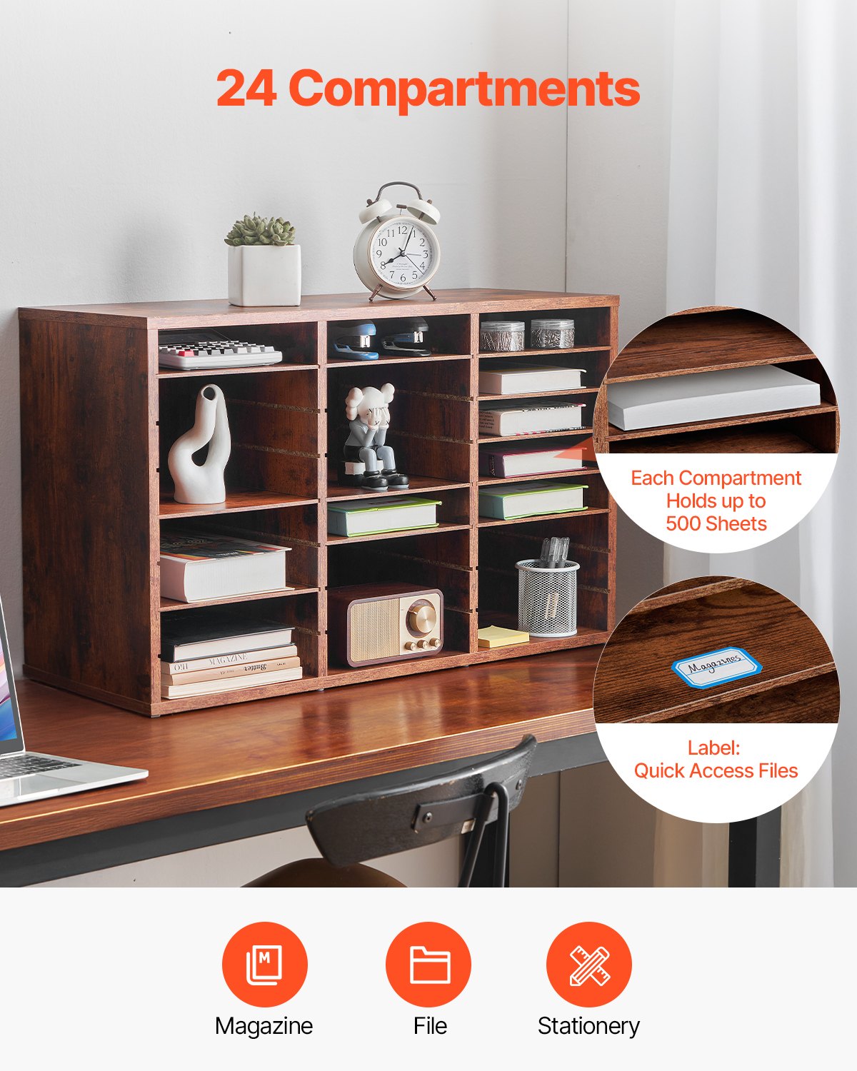 VEVOR Literature Organizer, 24 Compartments Office Mailbox with Removable Shelves, Wooden Mailbox Sorter Particle Board Office Home Classroom Storage, File Sorter for Documents, Papers, Dark Brown
