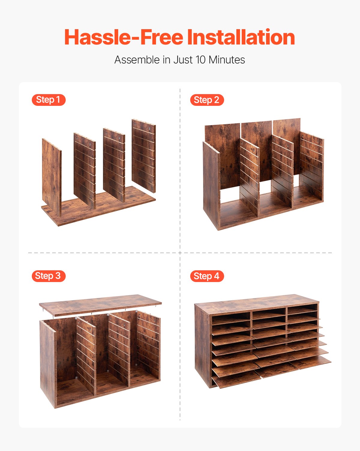 VEVOR Literature Organizer, 24 Compartments Office Mailbox with Removable Shelves, Wooden Mailbox Sorter Particle Board Office Home Classroom Storage, File Sorter for Documents, Papers, Dark Brown