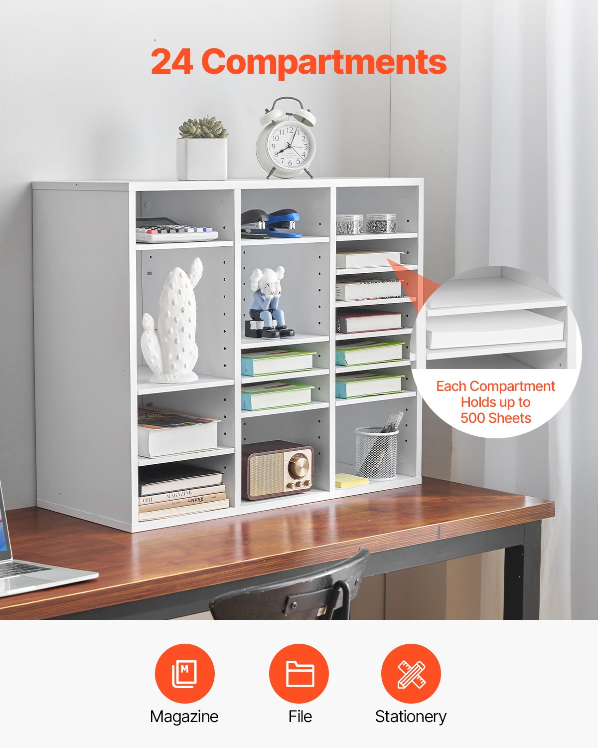 VEVOR Literature Organizer, 24 Compartments Office Mailbox with Adjustable Shelves, Wooden Mailbox Sorter Medium Density Fiberboard Office Home Classroom Storage for Files, Documents, Papers, White