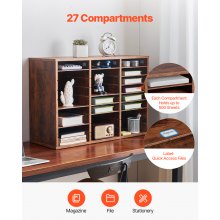 Wooden Literature Organizer 27 Compartments Removable Shelves Dark Brown