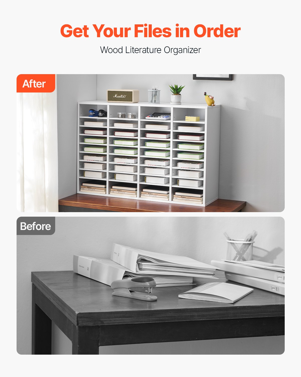 VEVOR Literature Organizer, 36 Compartments Office Mailbox with Adjustable Shelves, Wooden Mailbox Sorter Medium Density Fiberboard Office Home Classroom Storage for Files, Documents, Papers, White