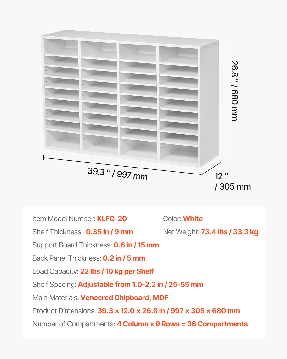 VEVOR Literature Organizer, 36 Compartments Office Mailbox with Adjustable Shelves, Wooden Mailbox Sorter Medium Density Fiberboard Office Home Classroom Storage for Files, Documents, Papers, White
