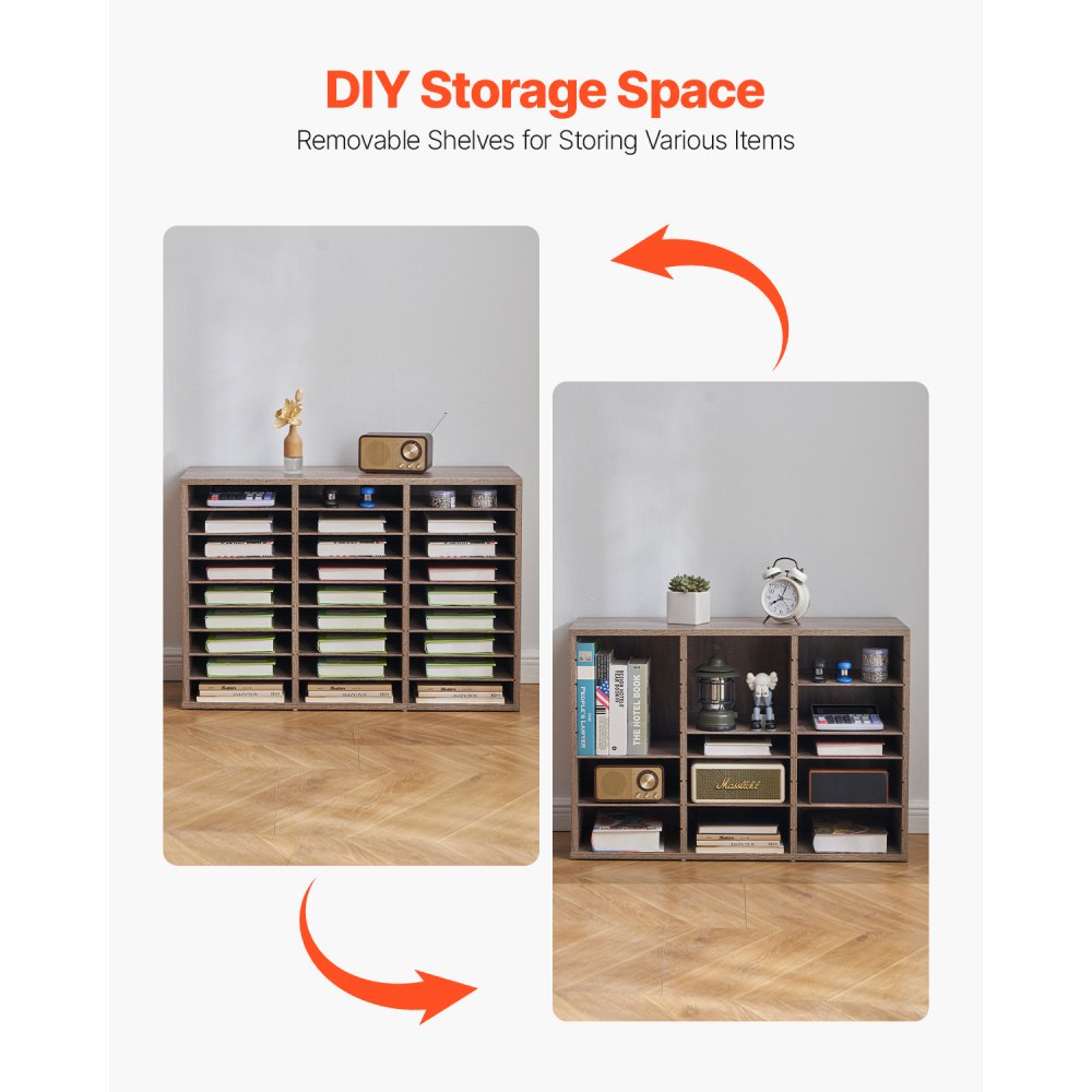 VEVOR Literature Organizer, 27 Compartments Office Mailbox with Removable Shelves, Wood Mailbox Sorter Particle Board Office Home Classroom Storage, File Sorter for File, Document, Paper, Black-Grey