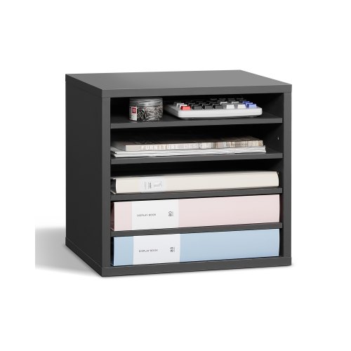 VEVOR Literature Organizer, 5 Compartments Office Mailbox with Adjustable Shelves, Wooden Mailbox Sorter Medium Density Fiberboard Office Home Classroom Storage for Files, Documents, Papers, Grey
