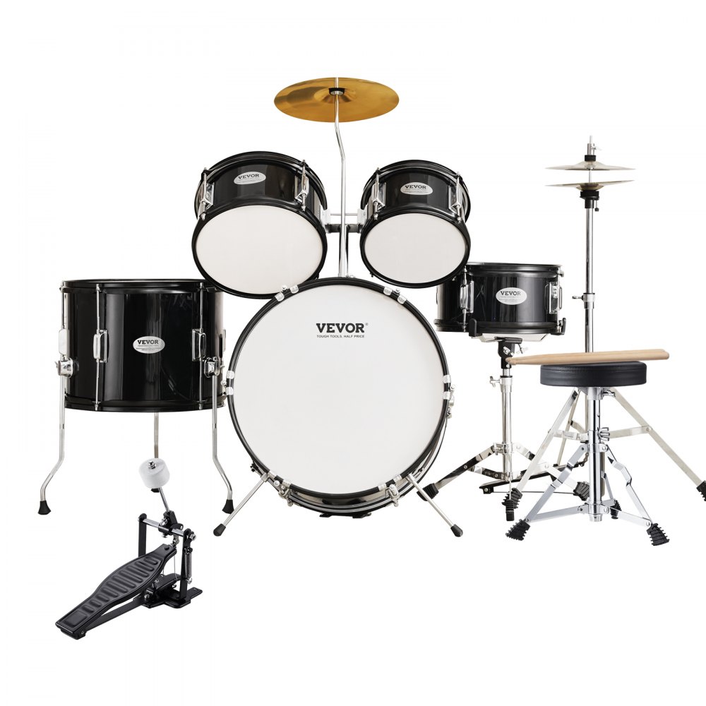 VEVOR Kids Drum Set, 5-Piece, 16 in Beginner Full Drum Set with Bass Toms Snare Floor Drum Adjustable Throne Cymbal Hi-Hat Pedal and Two Pairs of Drumsticks, Starter Drum Kit for Child Kids, Black