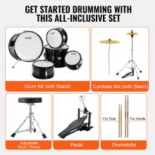 VEVOR Kids Drum Set, 5-Piece, 16 in Beginner Full Drum Set with Bass Toms Snare Floor Drum Adjustable Throne Cymbal Hi-Hat Pedal and Two Pairs of Drumsticks, Starter Drum Kit for Child Kids, Black
