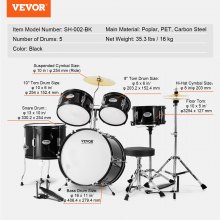 VEVOR Kids Drum Set, 5-Piece, 406.4 mm Beginner Full Drum Set with Bass Toms Snare Floor Drum Adjustable Throne Cymbal Hi-Hat Pedal and Two Pairs of Drumsticks, Starter Drum Kit for Child Kids, Black