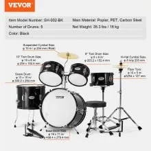 VEVOR Kids Drum Set 5-Piece 16 in Beginner Children Drum Set with Throne Black