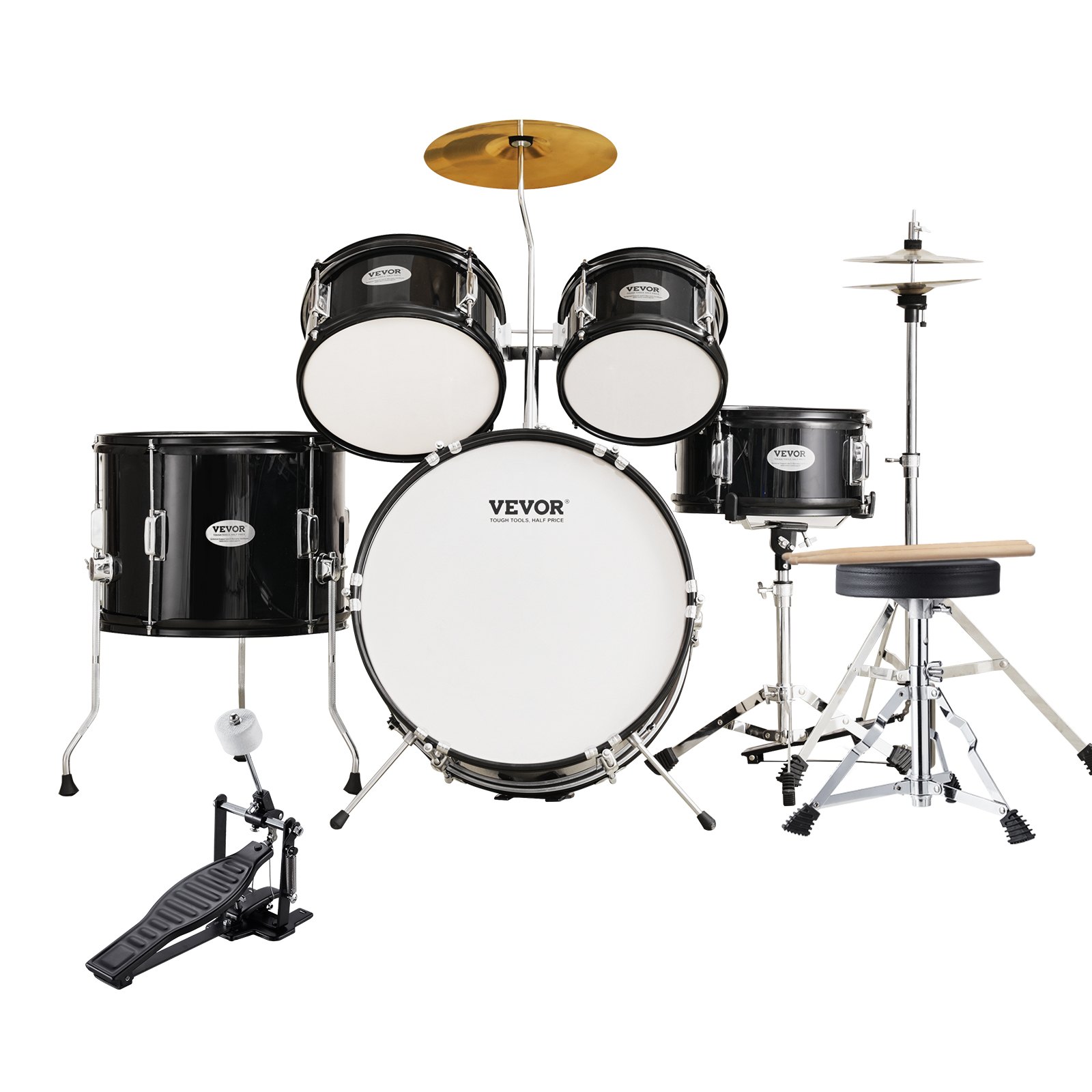 VEVOR Kids Drum Set, 5-Piece, 16 in Beginner Full Drum Set with Bass Toms Snare Floor Drum Adjustable Throne Cymbal Hi-Hat Pedal and Two Pairs of Drumsticks, Starter Drum Kit for Child Kids, Black