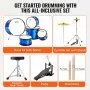 VEVOR Kids Drum Set, 5-Piece, 406.4 mm Beginner Full Drum Set with Bass Toms Snare Floor Drum Adjustable Throne Cymbal Hi-Hat Pedal and Two Pairs of Drumsticks, Starter Drum Kit for Child Kids, Blue