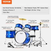 VEVOR Kids Drum Set, 5-Piece, 16 in Beginner Full Drum Set with Bass Toms Snare Floor Drum Adjustable Throne Cymbal Hi-Hat Pedal and Two Pairs of Drumsticks, Starter Drum Kit for Child Kids, Blue