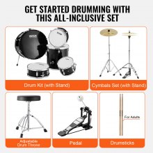 VEVOR Adult Drum Set, 5-Piece, 22 inches Complete Full Size Drum Kit with Bass Toms Snare Floor Drum Adjustable Throne Stands Cymbal Hi-Hat Pedal and Drumsticks, Beginner Drum Kit for Adults, Black